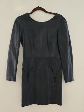 Designer Classic Black Long-Sleeve Leather Dress, Size 4